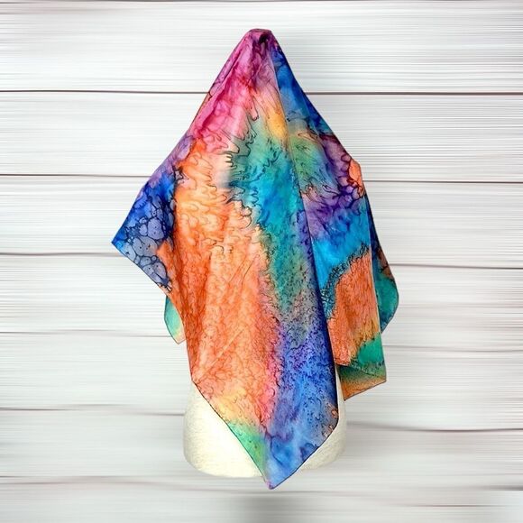 Silk Square Scarf by Lotus Watercolor Tie Dye 35" Blue Orange Green Hand Rolled - Picture 2 of 11
